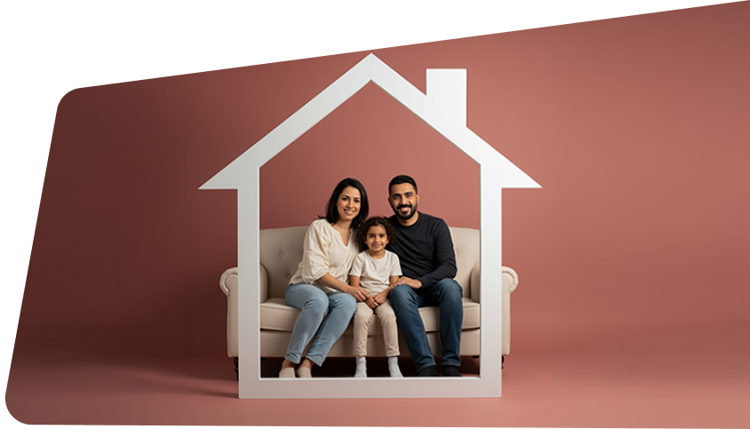 Image shows a family  within a cut out of a home. this image is being used by DFCC Bank PLC on their home loans page to promote their home loans in Sri Lanka financial/banking service.